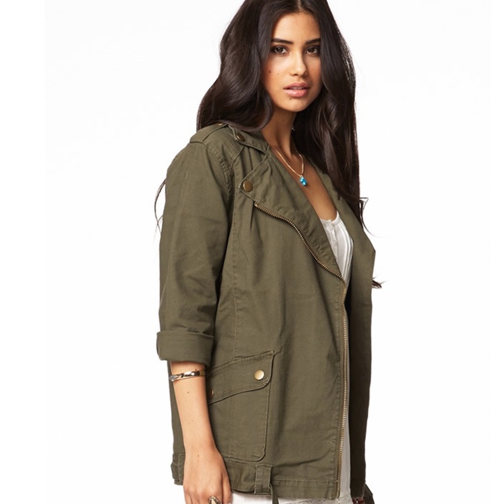 Green, zippered, women's utility jacket
